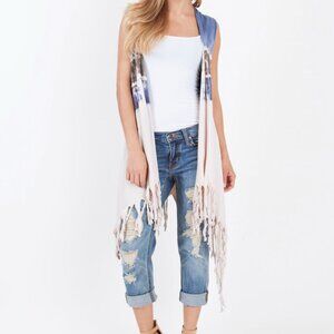 Boho Fringe Duster Vest – Blue Tie Dye Sleeveless Cardigan, Longline Open Front